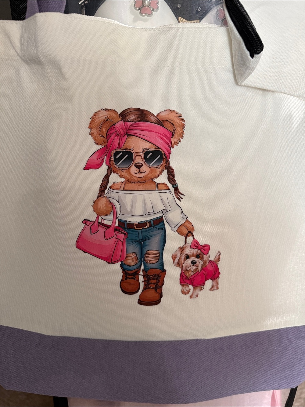 White & Pink Canvas Tote with Cute Dog Graphic - Picture 5 of 6